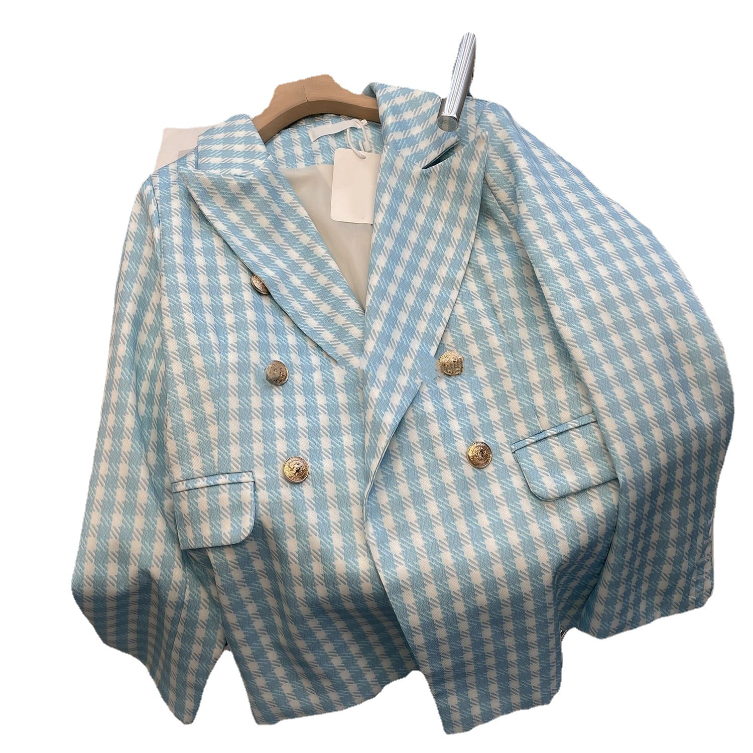 Picture of Girls' New Plaid Suit 2025 Spring & Fall New Houndstooth Double-Breasted Lapel Medium and Large Children's Suit Jacket