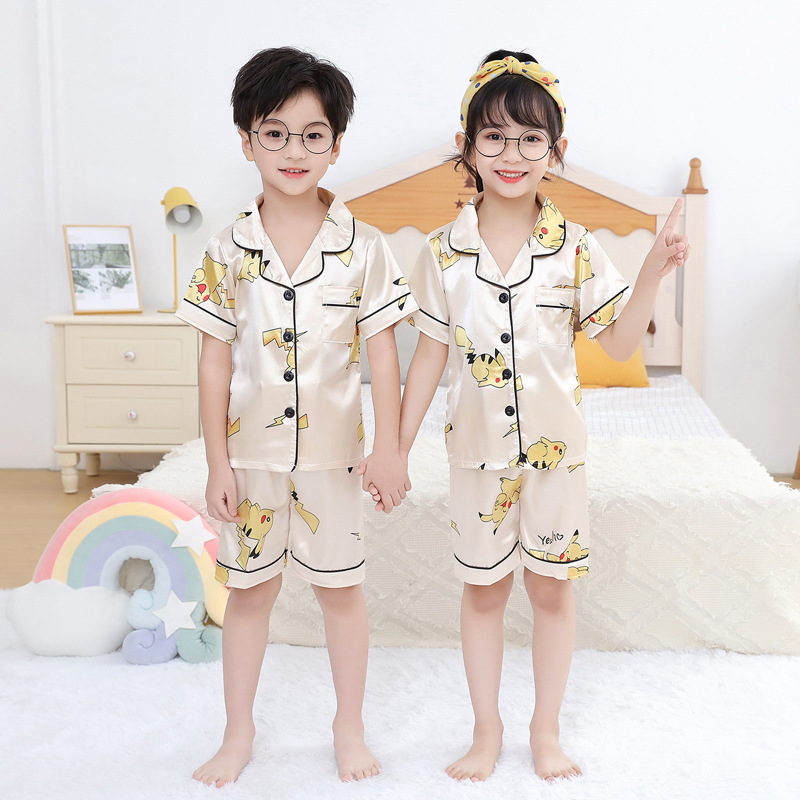 Picture of European and American Foreign Trade Children's Silk Cute Cartoon Pajamas Summer Short-sleeved Loose High-elastic Satin Home Clothes for Boys and Girls