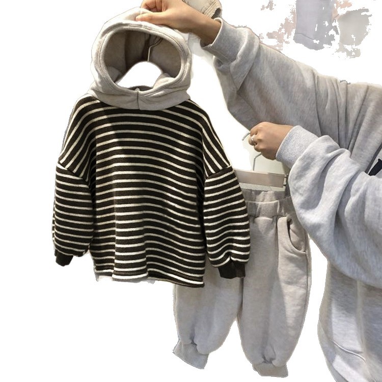 Picture of Children's Korean-style Suit New Men's and Women's Baby's Autumn and Winter Clothes Color-matching Fleece Terry Striped Sweat Trousers Suit