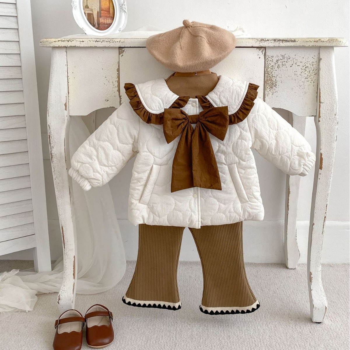 Winter Clothing 2025 New Style Girls' Cotton Outwear, Stylish Fleece-Lined Quilted Bow Lapel Kidsren's Warm Cotton Outwear
