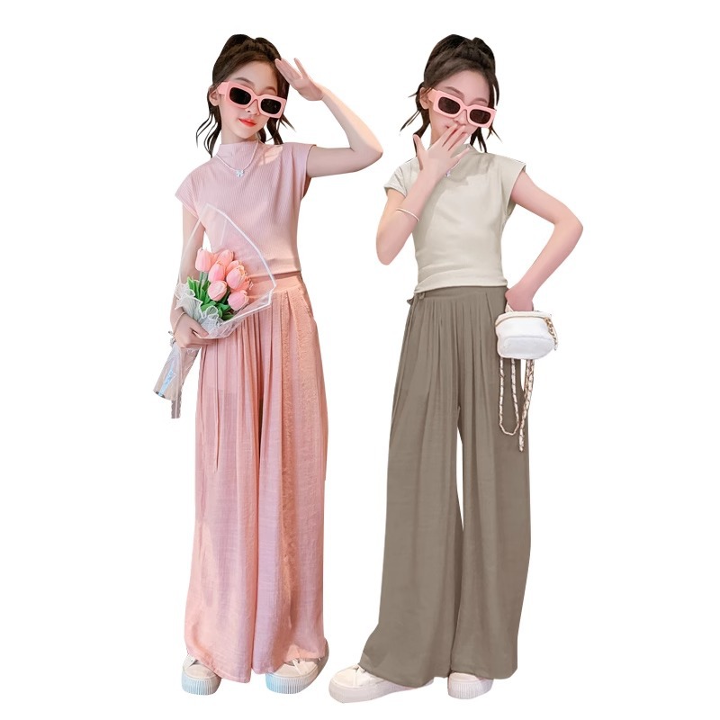 Picture of Original Version with Lining for Girls, Summer New Korean Fashion Internet Celebrity Casual Short-Sleeved Wide-Leg Pants Two-Piece Set