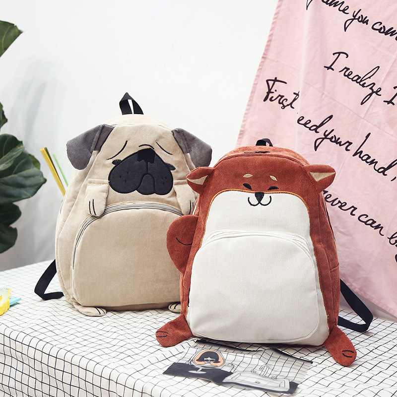 Factory wholesale Japanese funny cartoon animal corduroy backpack cute soft girl backpack large capacity schoolbag