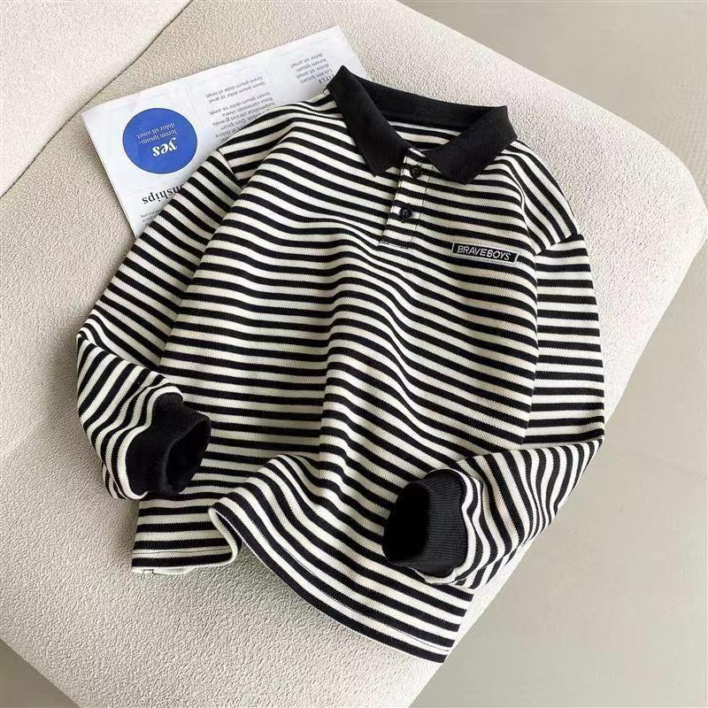 Spring and Autumn New Children's Long-sleeved POLO Shirt Black and White Striped Korean Top for Boys and Girls