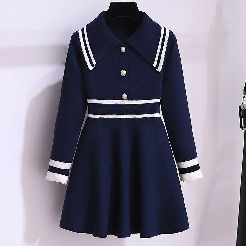 Girls' Autumn Dress New Style Children's Spring and Autumn Doll Collar Sweater Dress Children's College Style Knitted Skirt Trendy