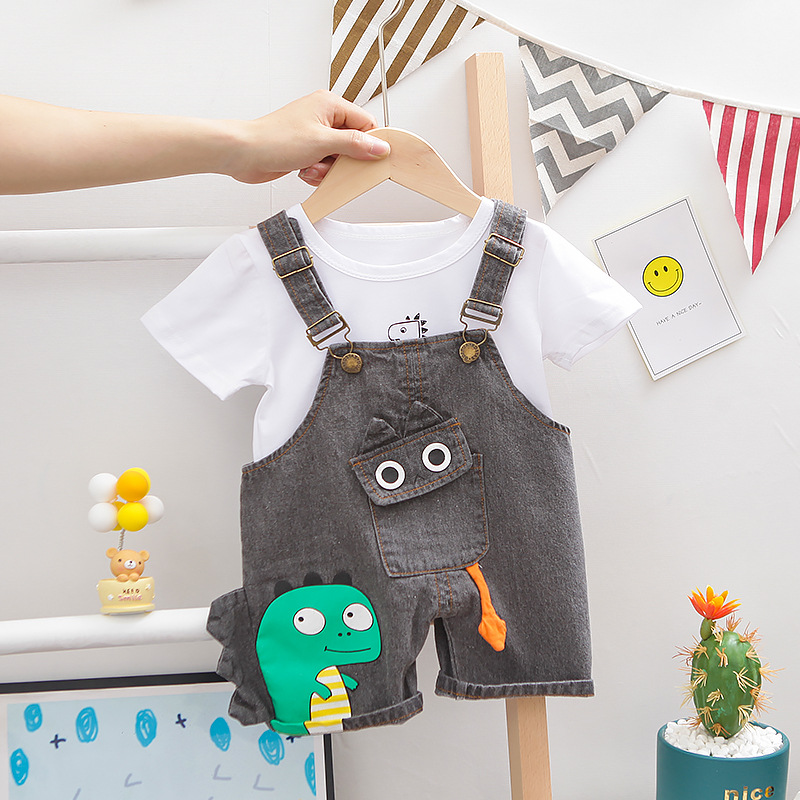 Picture of Summer New Children's Cartoon Dinosaur Short-sleeved Suspender Pants Set Round Neck Printed Short-sleeved Shorts Two-piece Set