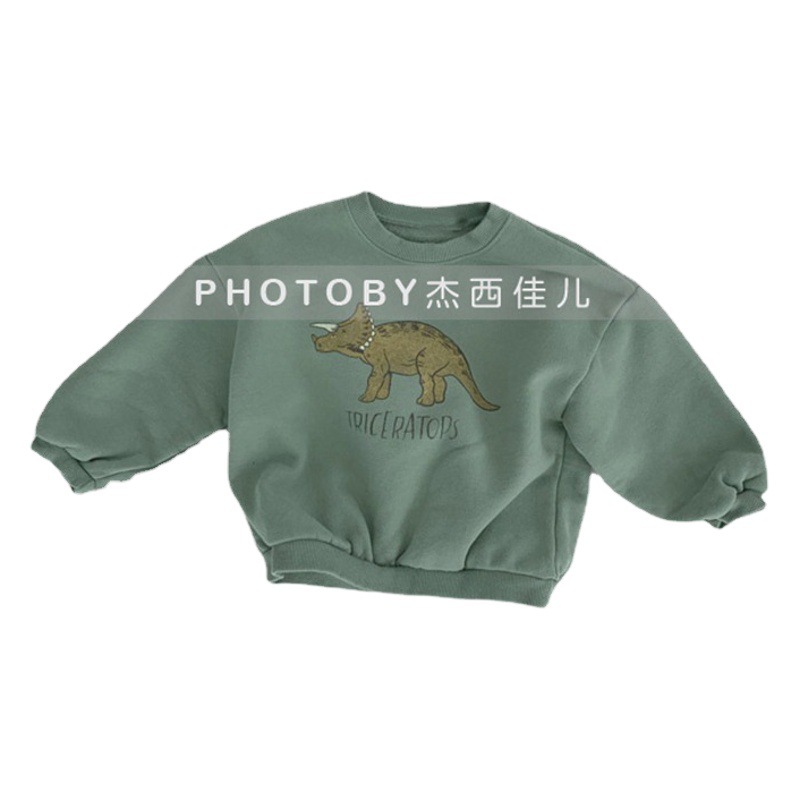 Infants and Young Children Korean Style Winter New Top for Boys and Girls Baby Western Style Cute Dinosaur fleece-lined Loose Casual Sweatshirt