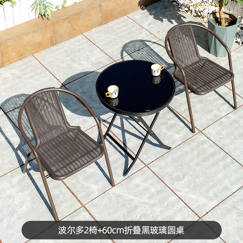 Picture of Outdoor Courtyard Table and Chair Rattan Chair Outdoor Leisure Three-piece Set Garden Terrace Wrought Iron Balcony Seat Combination Small Coffee Table