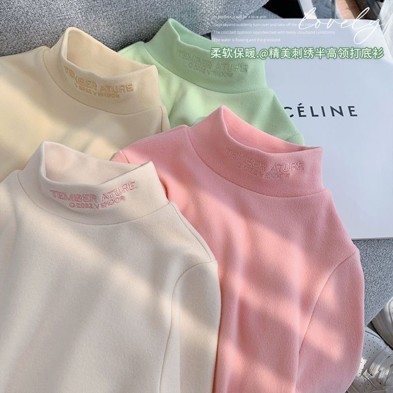 Autumn and Winter Girls' Base Shirt Velvet Small and Medium-sized Children's Girls' Baby Half-high Collar T-shirt Top Children's Western-style Warm Shirt