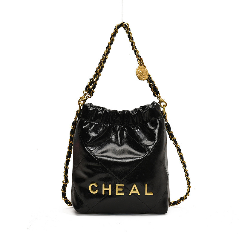 Picture of Children's Bag New Niche Retro Oilskin Chanel Garbage Bag Bucket Bag Diamond Plaid Chain Crossbody Bag Accessories Bag