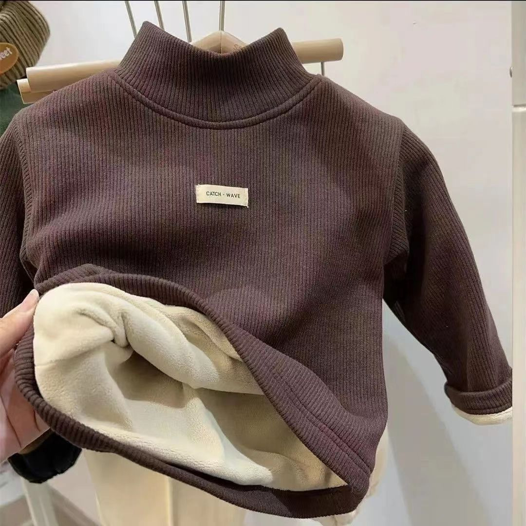 2024 New Baby Thickeneded Half Turtleneck T-Shirt Winter Korean Style Bottoming Shirt for Boys and Girls Fleece-Lined Warm Style Top