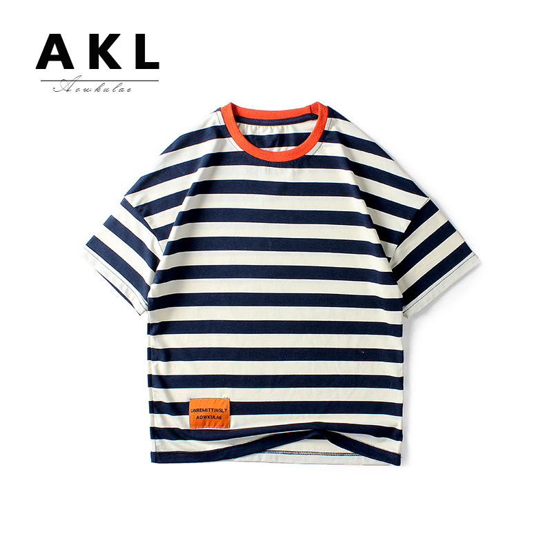 Picture of Summer children's clothing Korean new boys short sleeve T-shirt girls knitted striped label top children's short sleeve wholesale