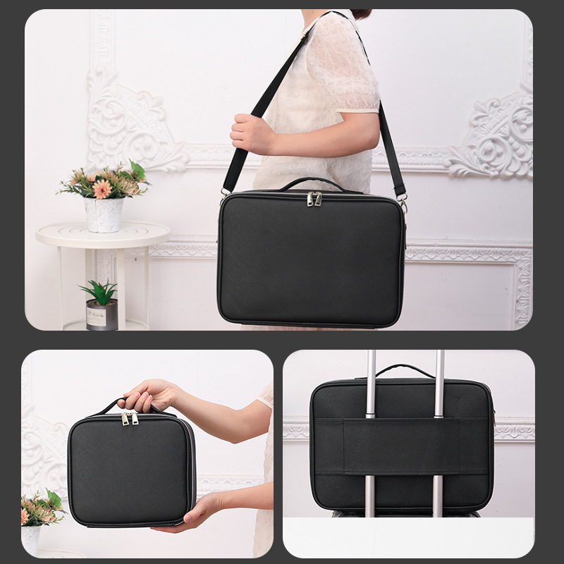 Picture of New cosmetic bag with mirror high capacity portable beauty cosmetics partition storage box black