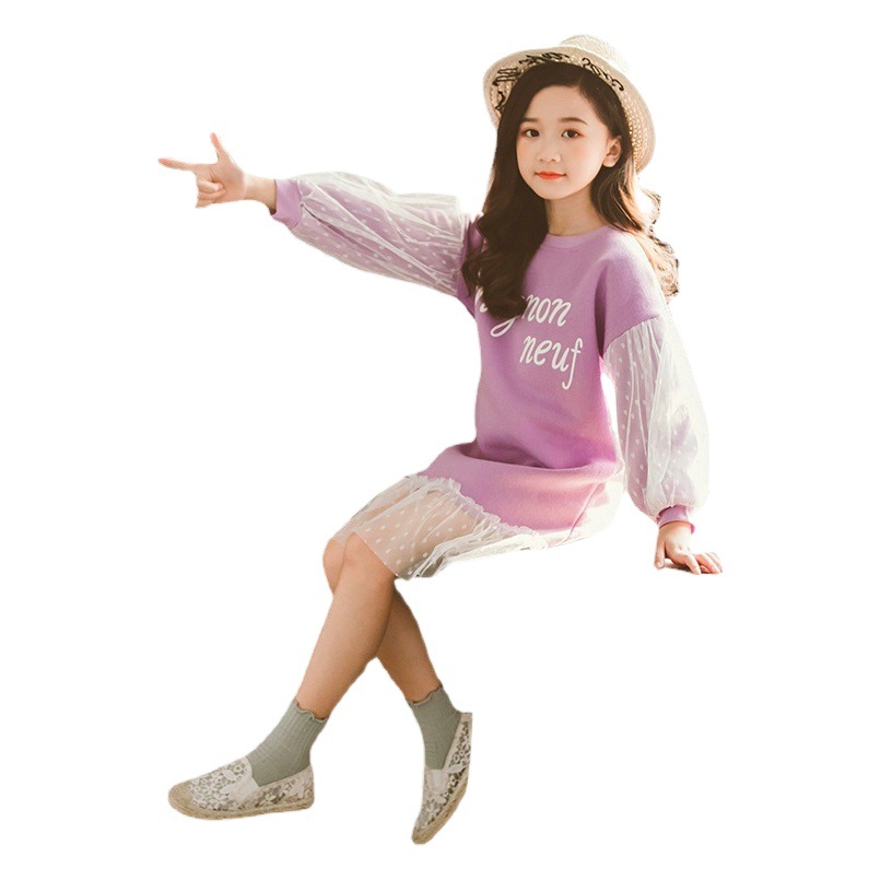 Girls Spring & Fall Dress 2024 New Style Kidsren's Baby Girl Fashionable Sweatshirt Long-Sleeved Princess Gauze Skirt Little Girl