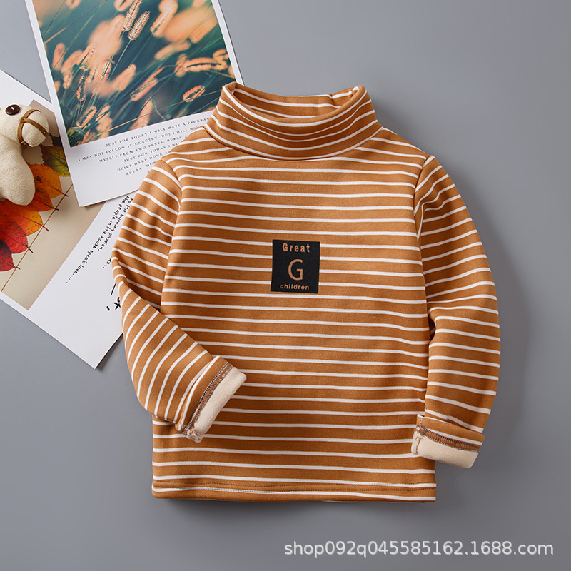 Picture of 2025 Kidsren's Bottoming Shirt Half Turtleneck Fleece-Lined Stripesd Long-Sleeved Warm Top for Boys and Girls Trbottomy Korean Style Autumn and Winter Kidsren's Clothing