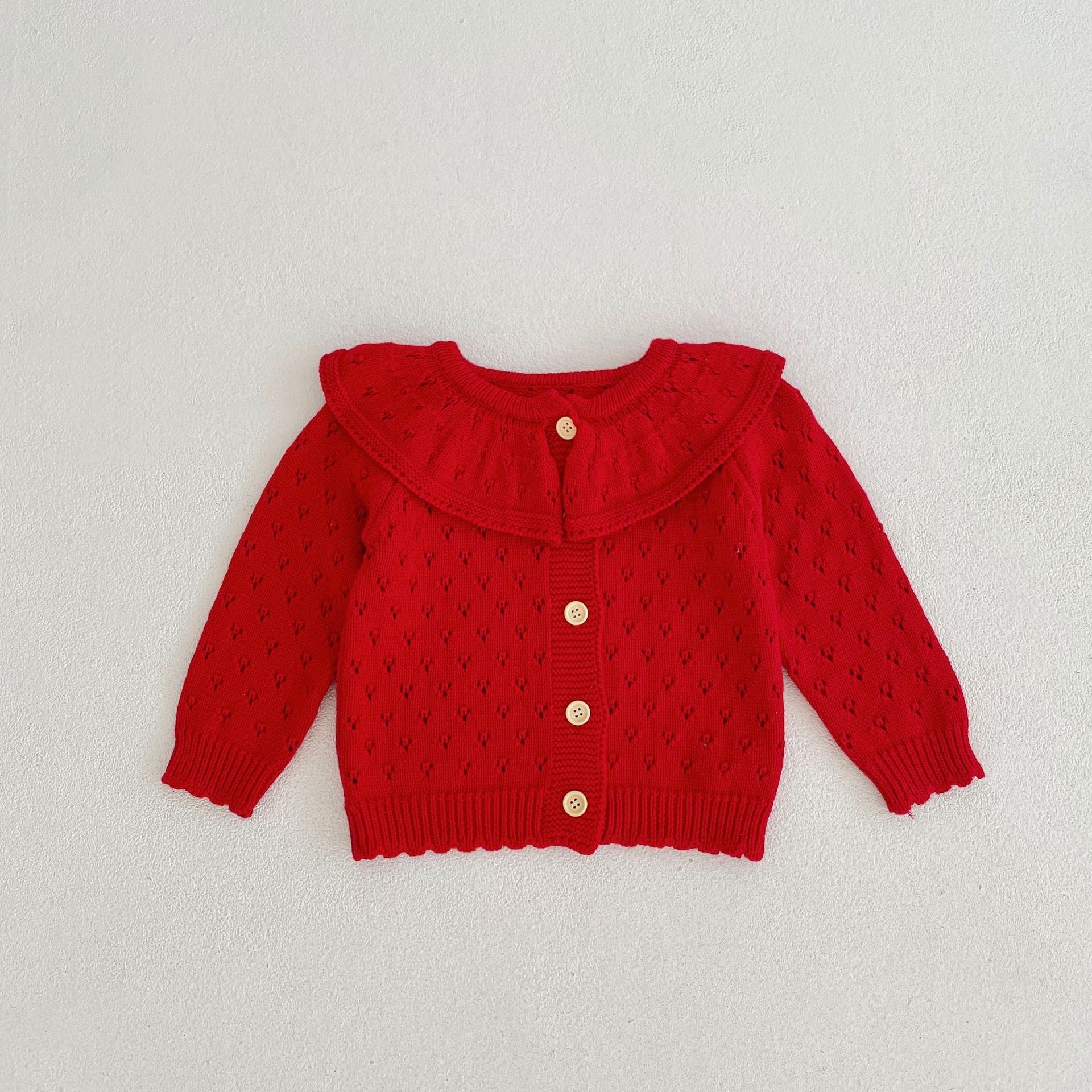 Picture of 2025 Autumn and Winter Style 0-3 Year Old Baby Girl Cotton Yarn Knitted Cardigan Lotus Leaf Collar Cut Out Long-Sleeved Sweater Jacket