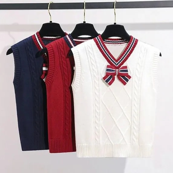 Primary and Middle School Students College Leisure Style All-match Knitted Vest Girls Spring and Autumn New Fashion Stylish V-neck Vest