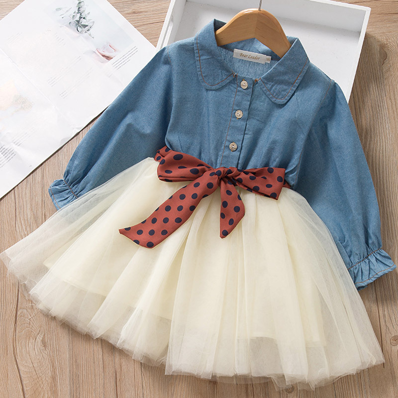 Autumn New Korean Style Girls' Dress Small and Medium-sized Children's Fashionable Long-sleeved Denim Vessel Skirt Polka Dot Belt Skirt 2208