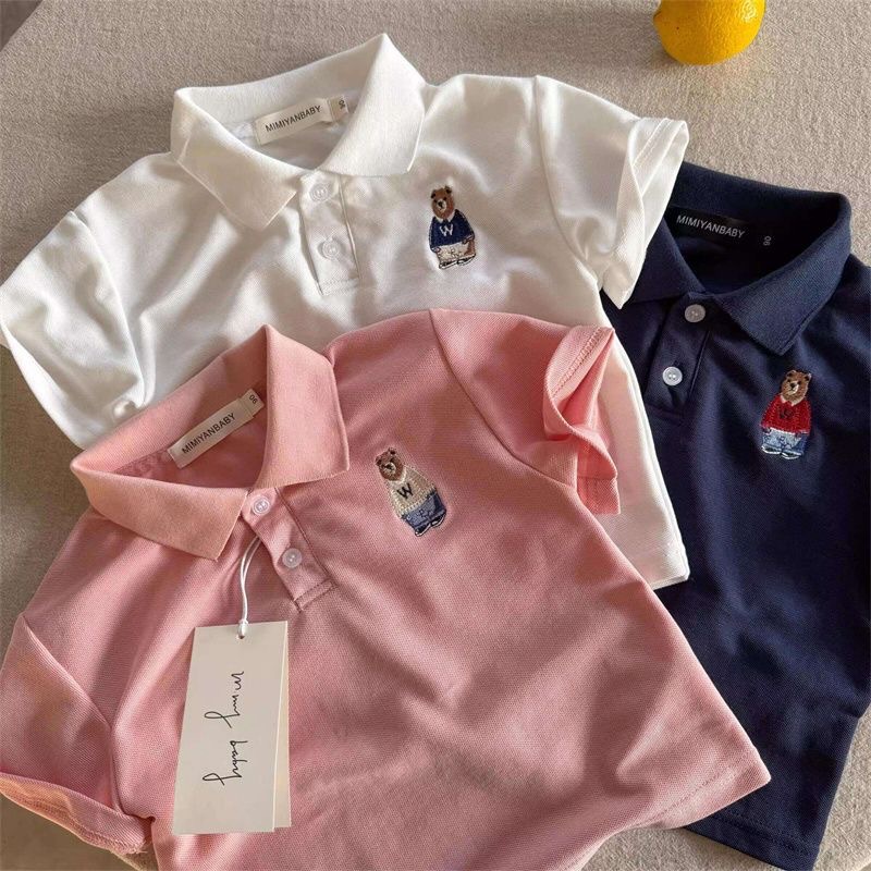 Picture of Children's Polo Shirt Short Sleeve Summer New Boys and Girls Embroidered Bear Top 100% Cotton Baby Polo Collar T-Shirt