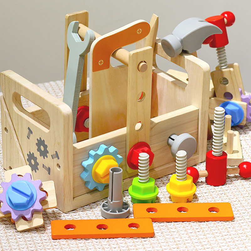 Children's wooden portable toolbox play house toys kindergarten baby early education puzzle screw mother repair box