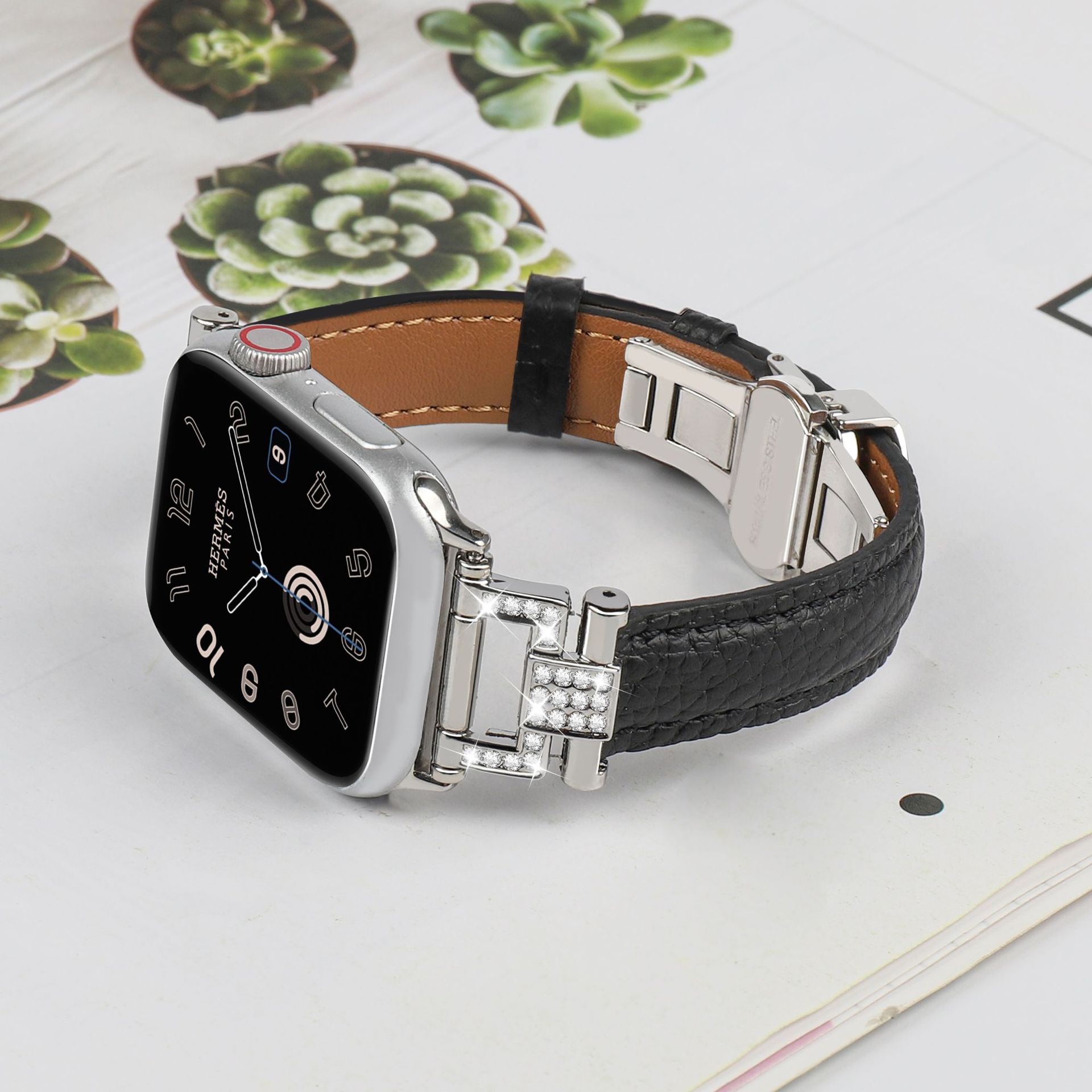 Picture of Suitable for Apple Watch strap Y head appleiwatch98 small waist lychee pattern leather butterfly buckle strap