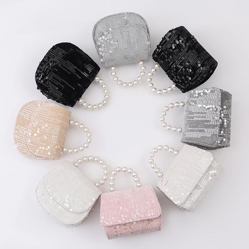 Picture of Autumn and Winter New Fashion Sequin Woolen Small Bag Girls Stylish Pearl Handbag Shoulder Bag Crossbody Magnetic Buckle Bag