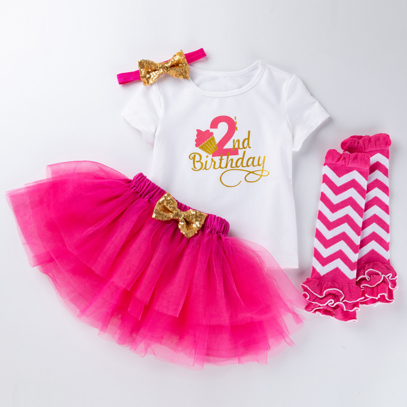 Picture of Cross-border Amazon European and American baby girls' birthday clothes 4-piece letter short-sleeved T-shirt princess dress socks suit