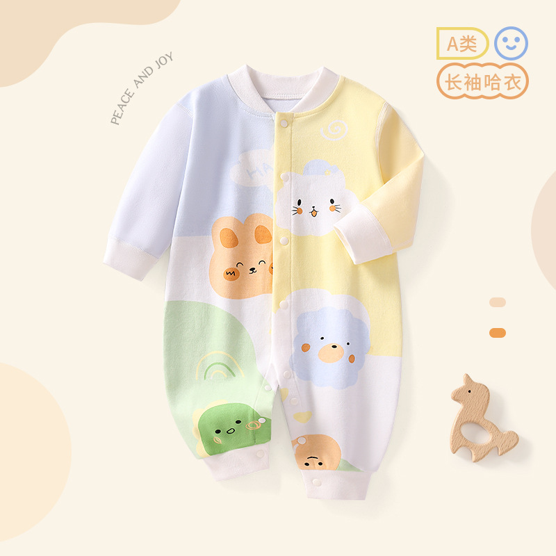 Spring and Autumn Pure Cotton Long-Sleeved One-Piece Harness 3-24 Months Baby Cute Cartoon Open Button Boneless Sewn Covered Romper Suit