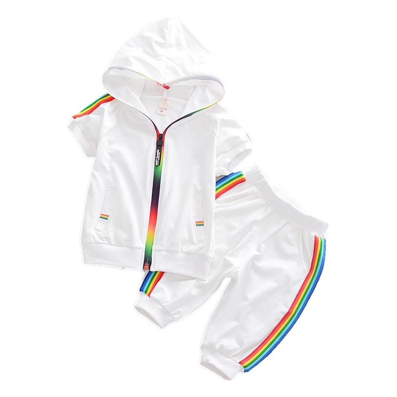 Korean-style New Boys and Girls Sports Suit Summer Short-sleeved Baby Hooded Zipper Shirt Black and White Two-piece Fashionable Suit