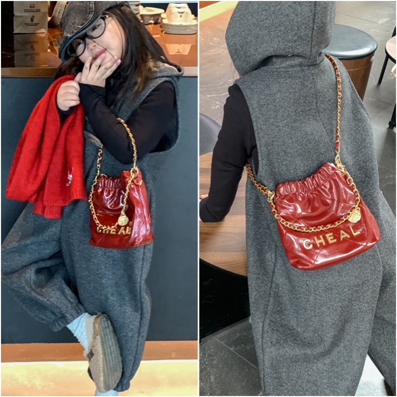 Children's Bag New Niche Retro Oilskin Chanel Garbage Bag Bucket Bag Diamond Plaid Chain Crossbody Bag Accessories Bag