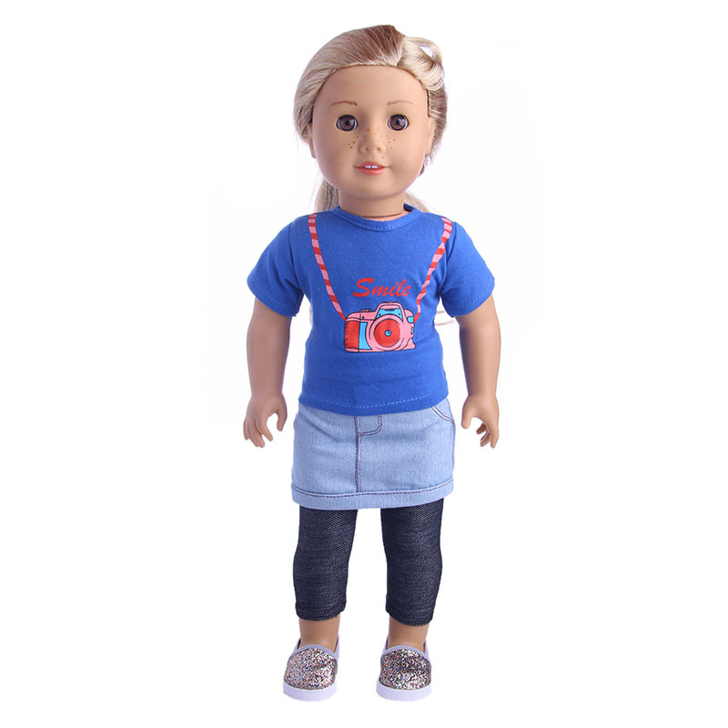 Picture of New 18 inch American doll accessories denim suspenders 43cm summer doll clothes set factory straight hair