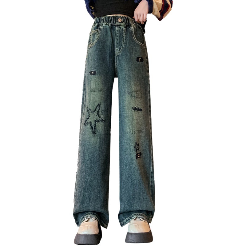 Girls' Jeans 2024 Autumn New Style Western Style Wide Leg Pants Spring and Autumn Children's Pants Girls' Straight Leg Pants