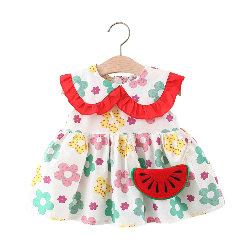 Picture of 2022 girls dress new summer children's clothing sleeveless lace collar full body contrast small flower small watermelon vest skirt