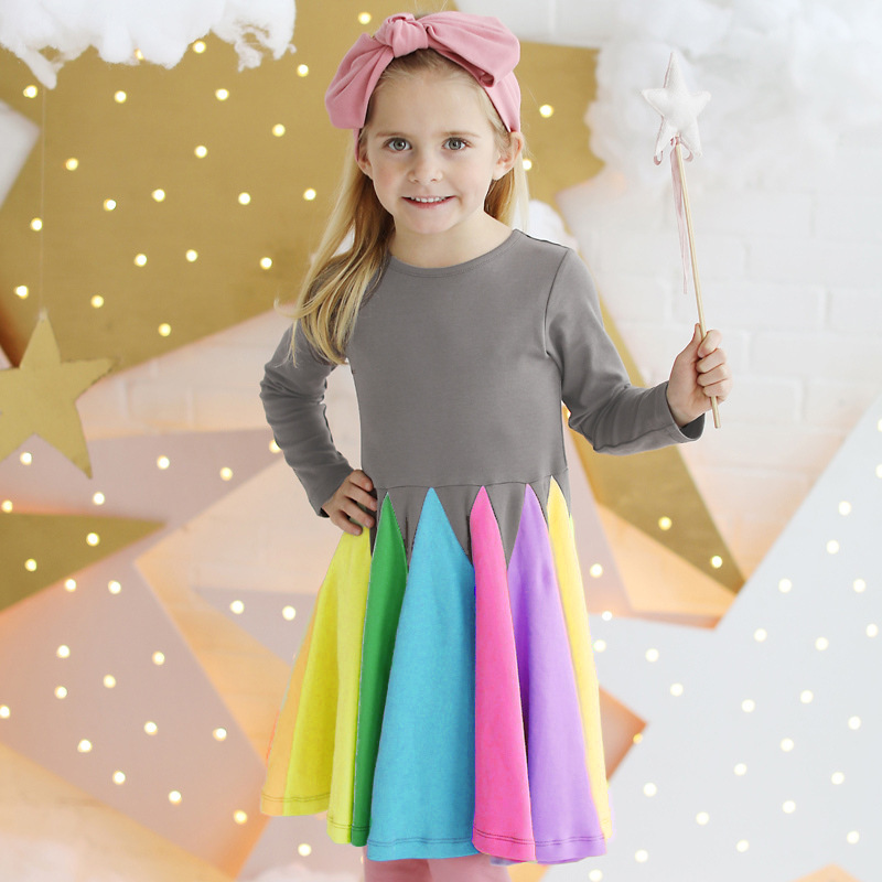 Picture of Girls' Dress New Style Color Matching Children's Long-Sleeved Rainbow Princess Dress