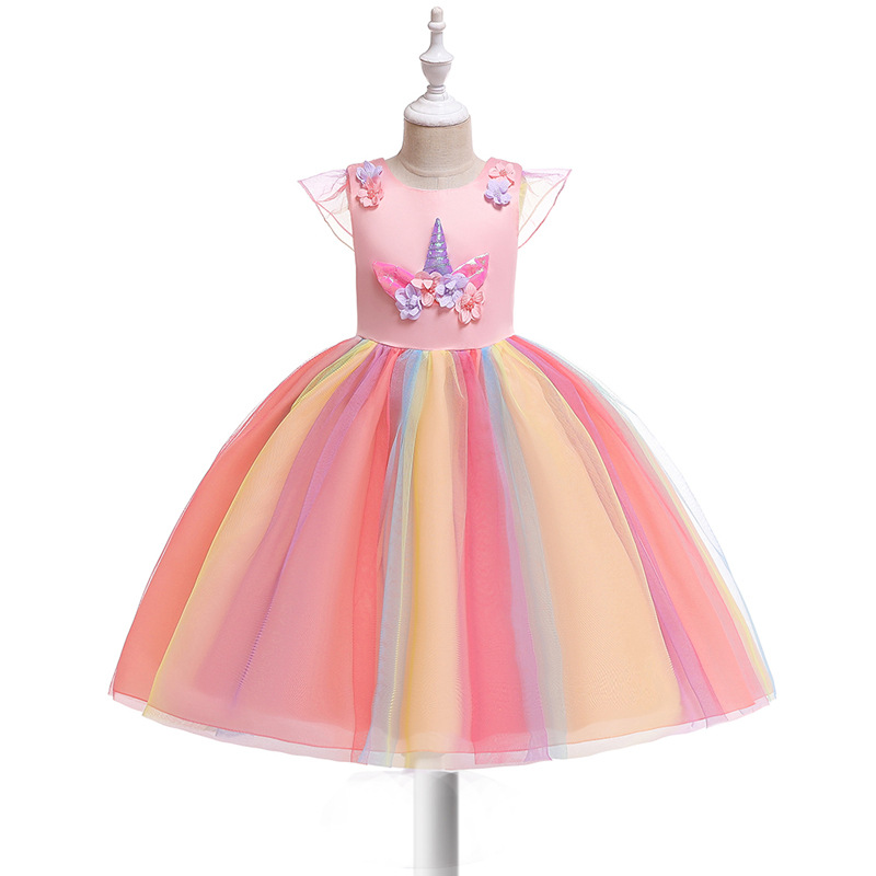 Picture of 20.23 million Christmas Dress Children Unicorn Dress Girl's Gauze Rainbow Princess Dress Cotton 4-12 Years