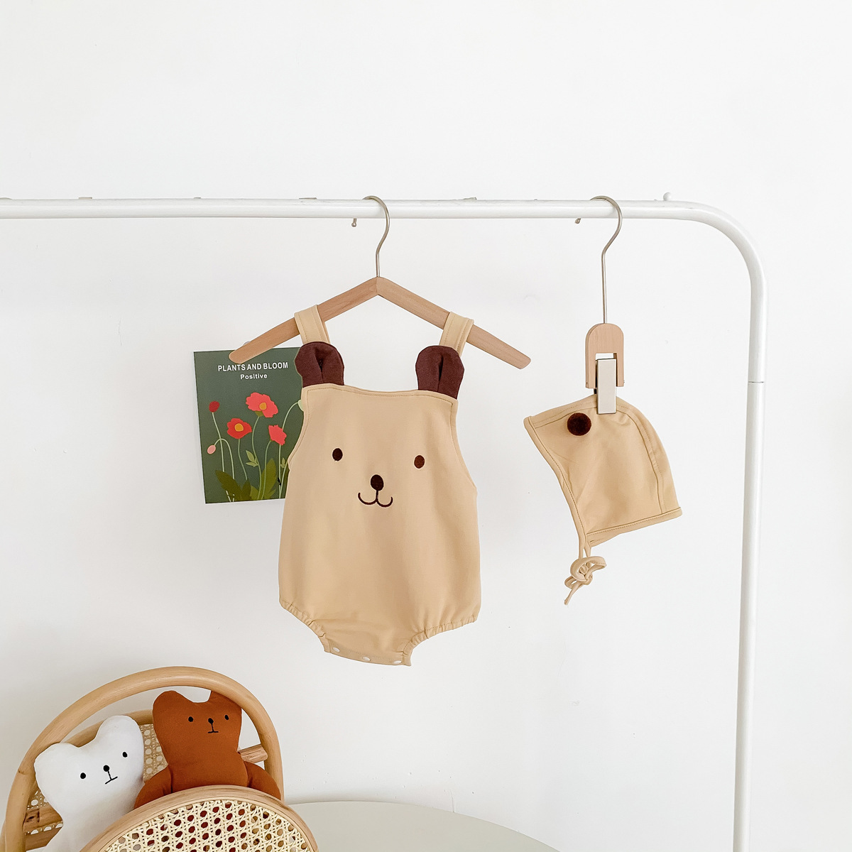 Picture of 2025 Baby Clothes Summer Cute Bear Sleeveless Sling Bag Fart Clothes for Boys and Girls, Two Sets of Hats