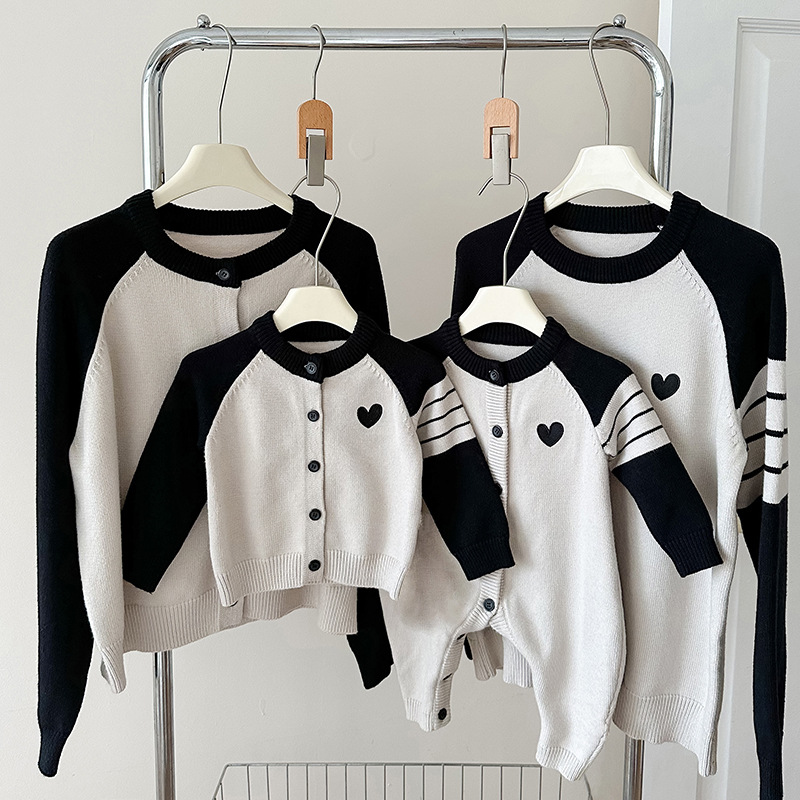 Picture of Family Dress 2025 Autumn Dress New Family of Three Contrast Color Bar Love Knitted Sweater Cardigan Jacket Family photo