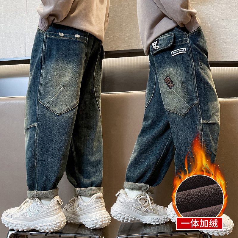 Picture of Boys' Pants Autumn and Winter 2025 New Style for Older Children, Boys' Winter Casual Pants, Children's Fleece-Lined Thickened Jeans