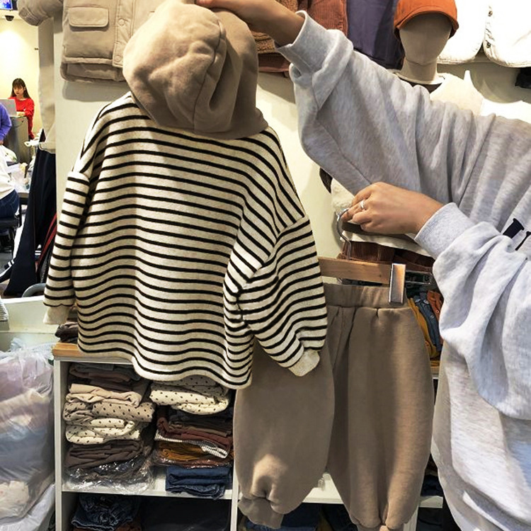 Picture of Children's Korean-style Suit New Men's and Women's Baby's Autumn and Winter Clothes Color-matching Fleece Terry Striped Sweat Trousers Suit