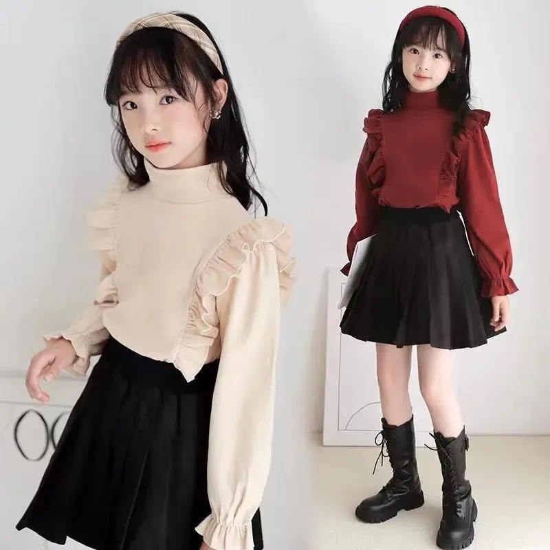 Girls' Velvet Base Shirt Spring New Children's Korean Style Western Style Lace Solid Color Long Sleeve T-Shirt for Girls