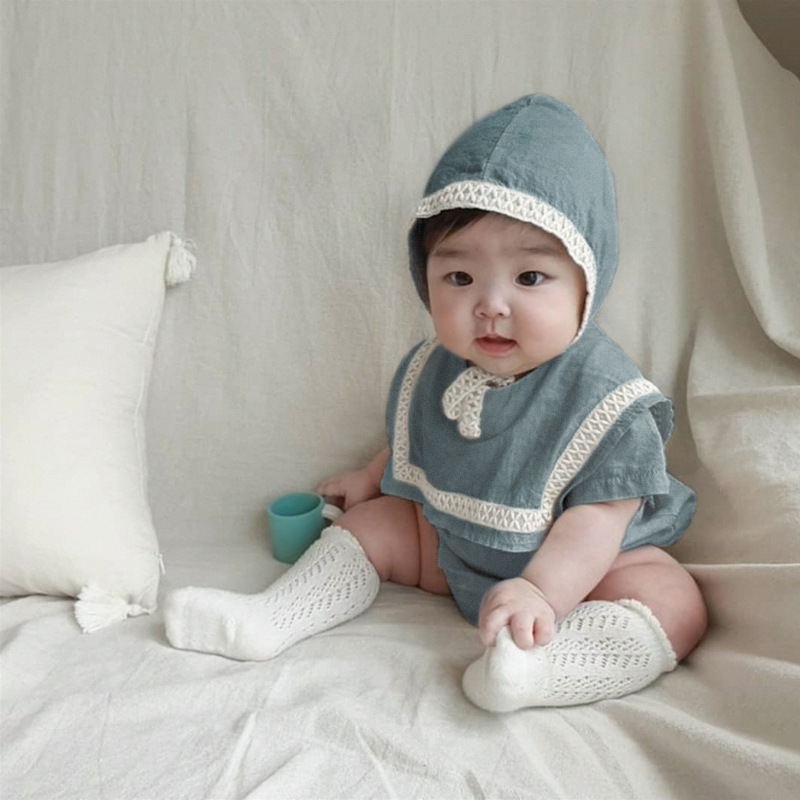 Picture of 2024 summer baby clothing large lapel cotton lace baby jumpsuit baby clothes triangle climbing suit hat
