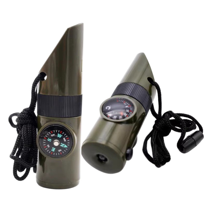 Outdoor survival supplies seven-in-one whistle multifunctional portable emergency compass magnifying glass flashlight thermometer