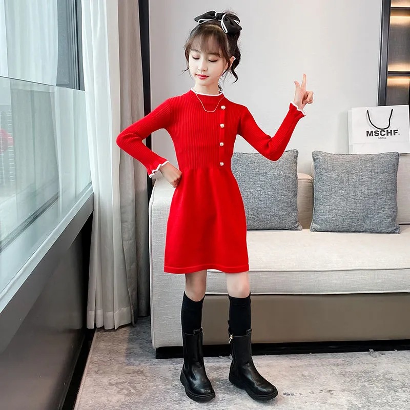 Picture of Girls' Spring and Autumn dress New Sweater Dress for Big Children Retro Knitted Skirt Western Style Girls' Knitted Princess Skirt