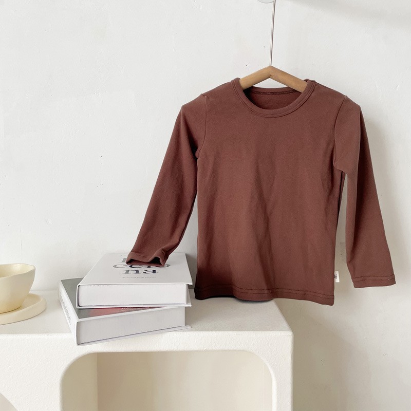 Picture of 2023 Children's Cotton Long-sleeved T-shirt Base Shirt Spring and Autumn Loose Solid Color Round Neck Sanding Top for Boys and Girls
