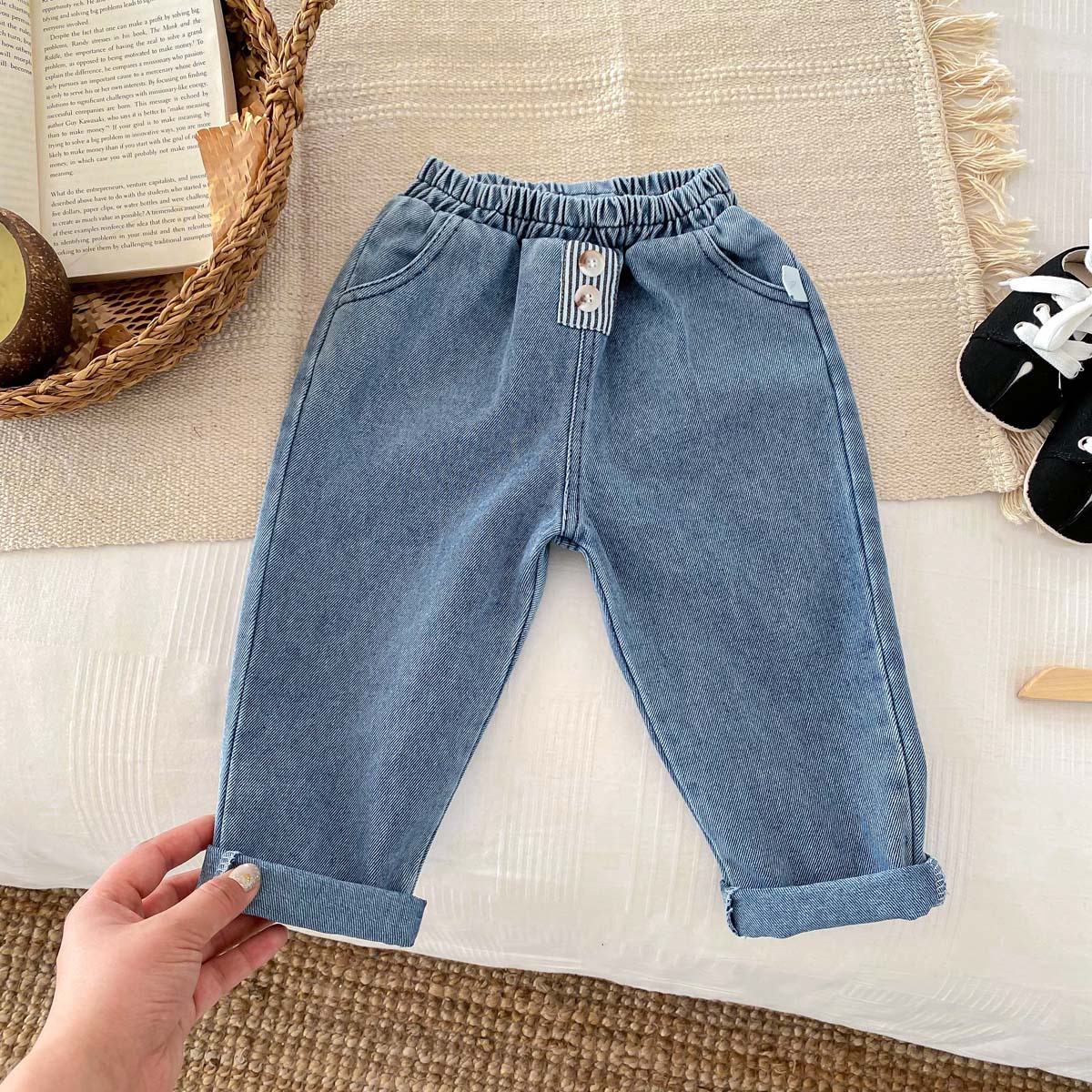 Picture of Korean style autumn children's solid color jeans baby boys' casual pants newborn baby simple trendy trousers