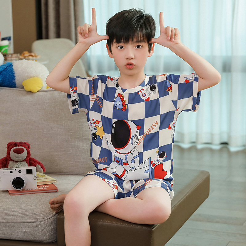 Children's Pajamas Boy's Summer Ice Silk Boy's Silk New Thin Short-sleeved Home Clothes suit
