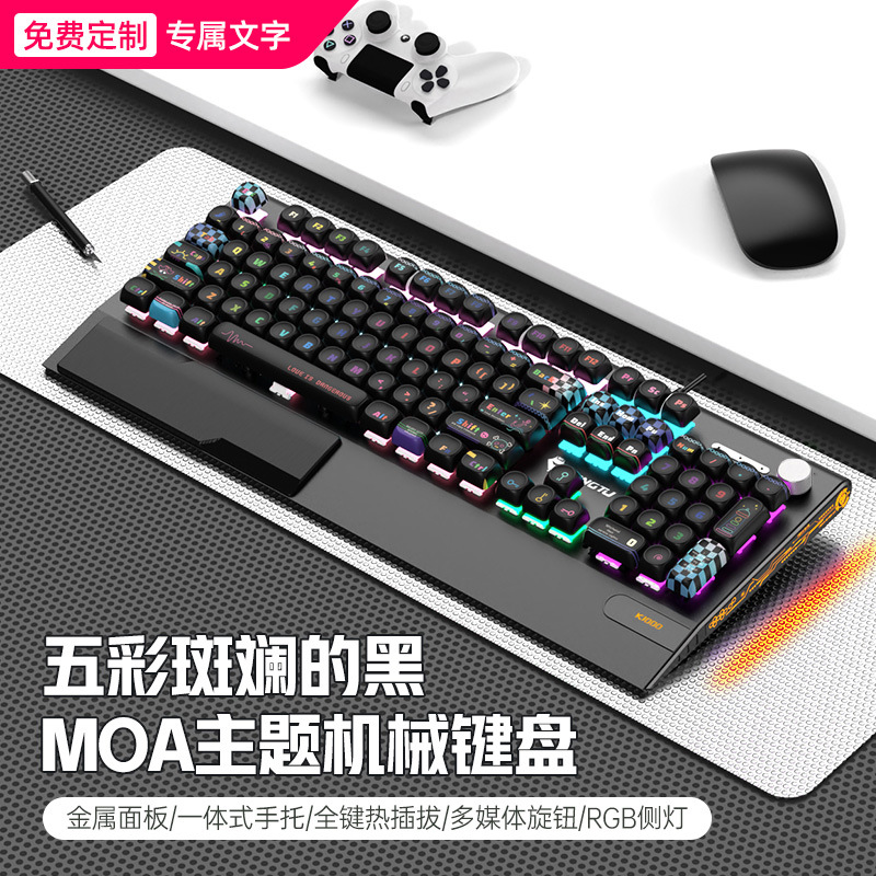 Picture of Wolf Road K1000moa Theme Mechanical Keyboard Wired 104 Key Green Axis PBT Game E-sports Office keyboard