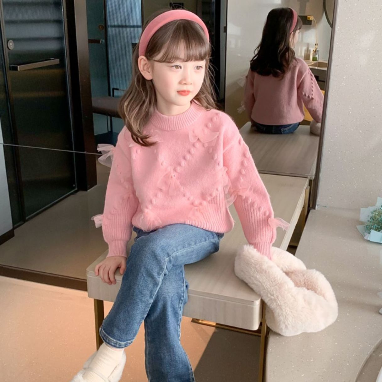 Girls' Sweater Korean Style All-match New Style Children's Knitted Shirt Women's Autumn and Winter Girls' Base Shirt Children's Clothes