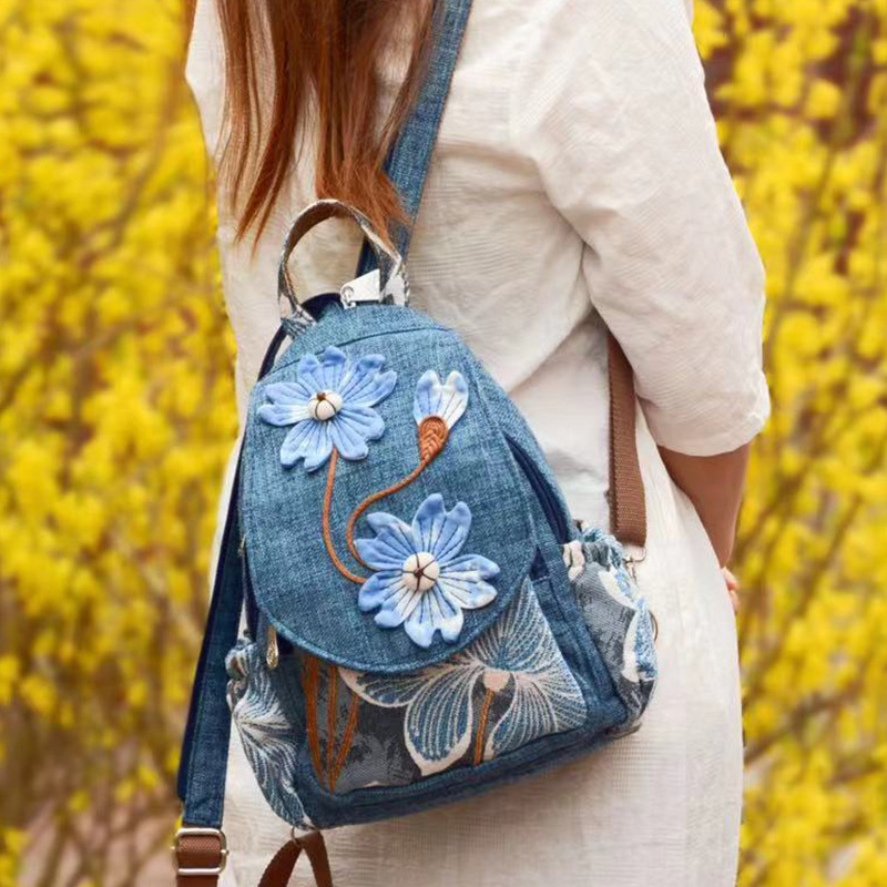 Backpack Women's Cotton Linen Canvas Small Backpack Ethnic Style Handicraft Tie Dye Blue Art Backpack Travel Leisure Bag
