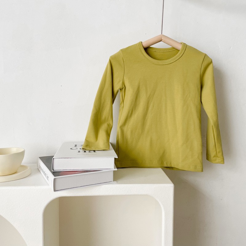 Picture of 2023 Children's Cotton Long-sleeved T-shirt Base Shirt Spring and Autumn Loose Solid Color Round Neck Sanding Top for Boys and Girls