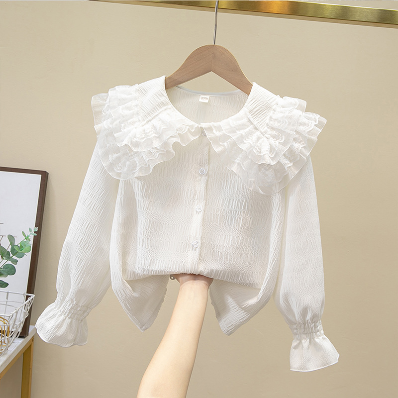 Girls Thin Shirt 2025 Spring and Summer New Children's Clothing Girls Summer Chiffon Shirt White Doll Collar Top